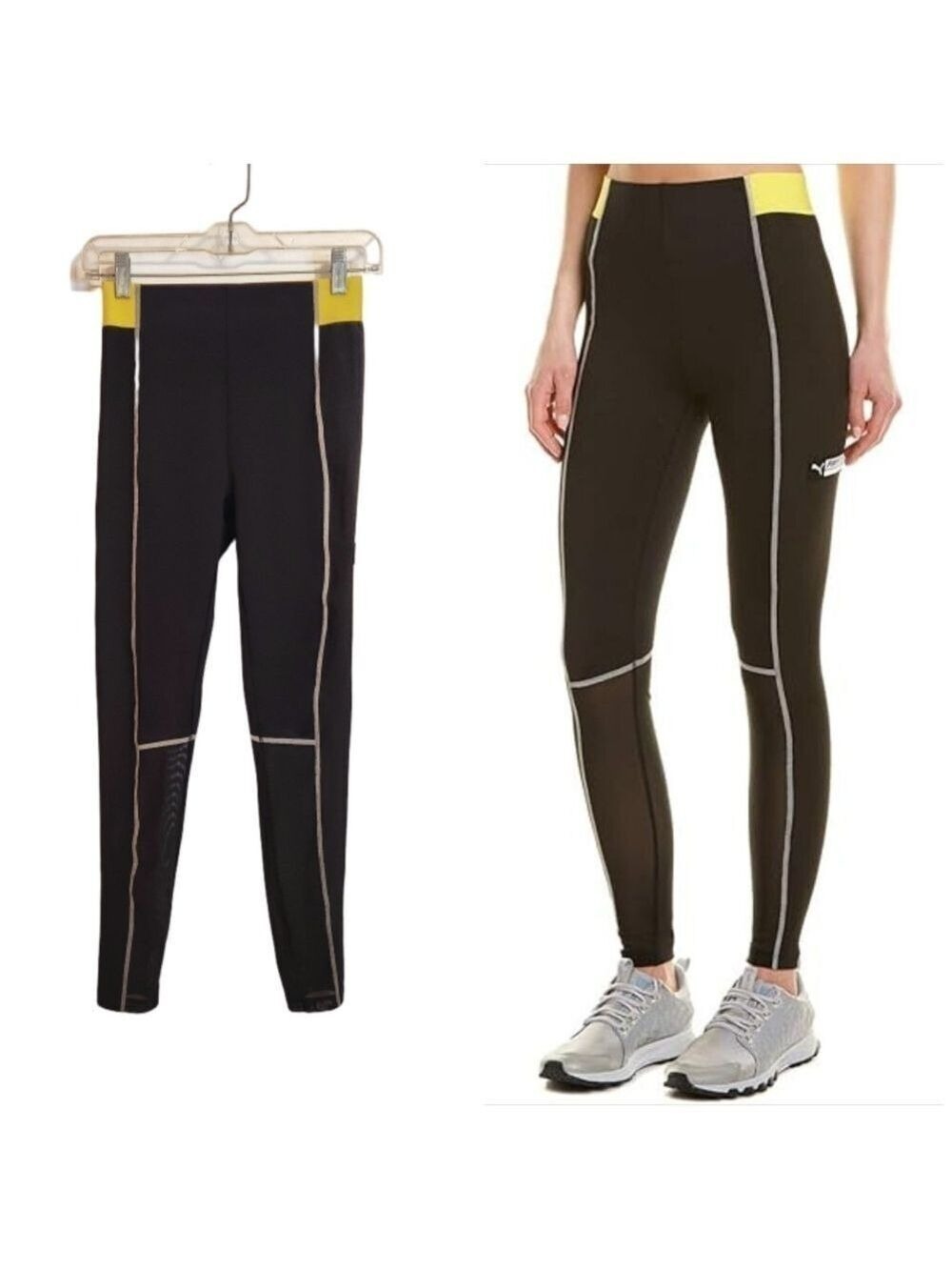 Puma Black Yellow Color Block Mesh Panel Leggings X Small
